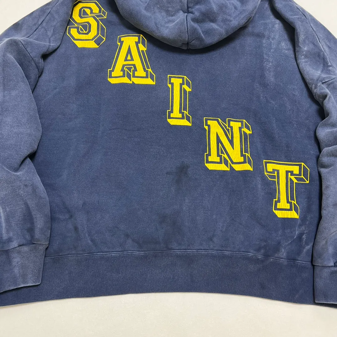 SAINT M×××××× ANGEL HOODIE/NAVY Angel Reborn Blue Hoodie Washed Blue S-XL Assute Garment Dyeing Full Clothes Water Fading Mud Dyeing Dirty Distress New Vintage Ceiling God Tailoring Original Super Loose Fit Customized Original Accessories God-level Print Restoration